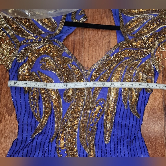 Vintage Indigo and gold beaded applique gown - Picture 7 of 9